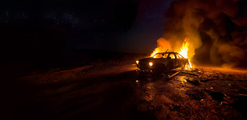 Abandonded car wreck on fire at night, with copy space.