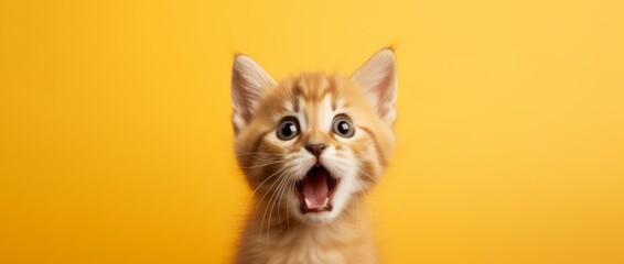 A very surprised kitten with wide open eyes and mouth on a yellow background