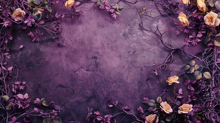 Fantasy mystery lilac grunge background surface wall. Intricate creative floral frame with yellow roses. Vignette fantasy rose frame. Twigs, branches, leaves, ivy, vines intertwined with lush flowers 
