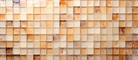A closeup of a rectangular mosaic tile wall in brown and beige tones, resembling a wood stain pattern. The tiles create a beautiful facade, perfect for flooring or shelving