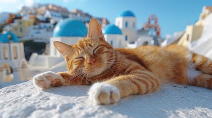 a curious orange cat surveying the breathtaking scenery of Santorini from a rooftop vantage point,...
