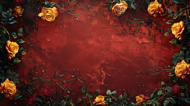 Fantasy mystery red grunge background surface wall. Intricate creative floral frame with yellow roses. Vignette fantasy rose frame. Twigs, branches, leaves, ivy, vines intertwined with lush flowers 