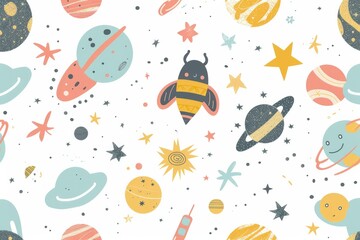 Abstract pastel planet space rocket bug seamless white background. Wrapping paper for presents, isolated png. Baby linen, clothes and products for children