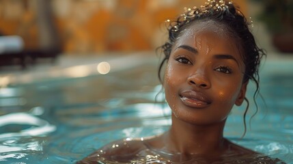  a black woman finding serenity and peace at an outdoor spa, as she reclines by the swimming pool with her eyes closed and a contented smile on her face, enjoying a moment of relaxation and rejuvenati