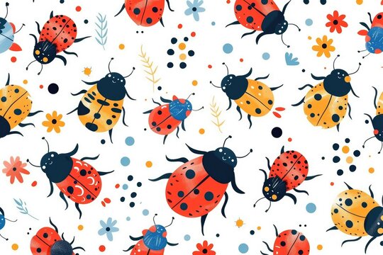 Abstract pastel funny bugs ladybug seamless pattern banner, wallpaper for kids, bright colors over white background. Wrapping paper  presents, isolated png. Baby linen clothes and products  children