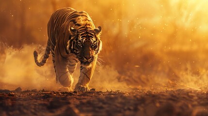 great tiger male walking in the nature habitat during golden light time - obrazy, fototapety, plakaty