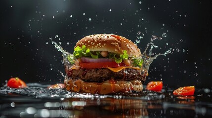 gourmet burger with dynamic splash captured against black