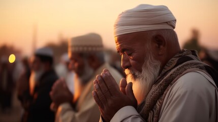 An elderly man with a white beard prays with intense devotion as the sun sets, a moment of spirituality. - obrazy, fototapety, plakaty