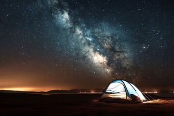 Fototapeta na wymiar milky way across the entire sky, a small illuminated tent on the ground, night sky full of stars