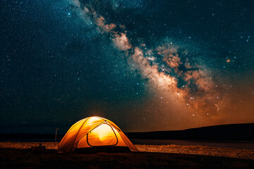 milky way across the entire sky, a small illuminated tent on the ground, night sky full of stars