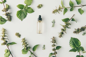 patchouli essential oil in the glass bottle, with fresh patchouli leaves, patchouli oil, aromatic oil, cosmetic product - obrazy, fototapety, plakaty