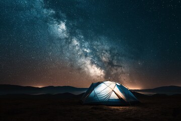 milky way across the entire sky, a small illuminated tent on the ground, night sky full of stars - 763904258