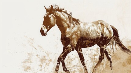 Stunning Equine Portrait: Majestic Mustang in Monochrome Vintage Style - Horse Illustration Elegant Poster - obrazy, fototapety, plakaty