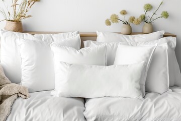 White cotton and linen pillows Mockup with Boho Floral Accents