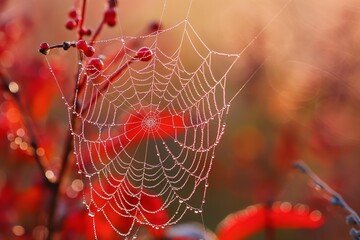 Spider web with early morning dew, thin web in the sun, red droplets shine