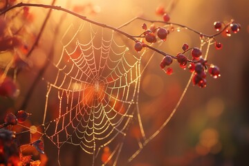 Spider web with early morning dew, thin web in the sun, red droplets shine