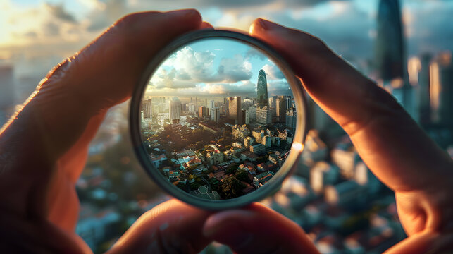 Hand holding binoculars to scan the vast urban landscape