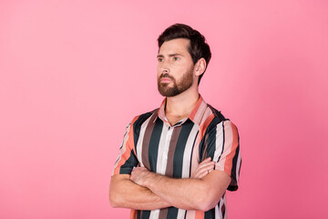Portrait of handsome brunet hair men wear striped t shirt folded arms looking mockup to do list...