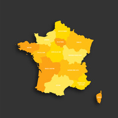 Obraz premium France political map of administrative divisions - regions. Yellow shade flat vector map with name labels and dropped shadow isolated on dark grey background.