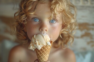 A child eagerly licked an ice cream cone, savoring the sweet taste of the creamy treat on a hot summer day - obrazy, fototapety, plakaty
