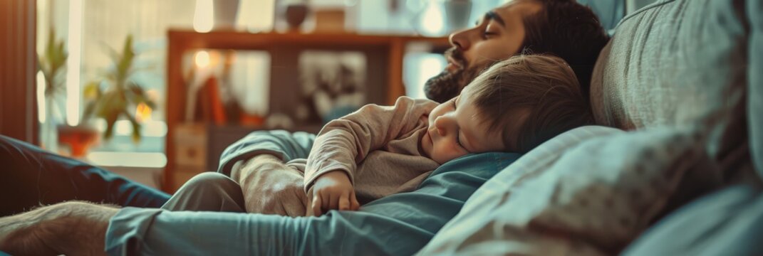 Dad and child napping on sofa, cozy indoor atmosphere, family time
