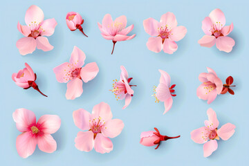 Pink cherry blossom element set on light blue background. Including flower blossoms, petals, and bud.
