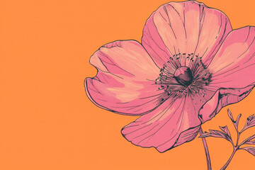 Fototapeta premium Pink flower botanical illustration on bright orange background.