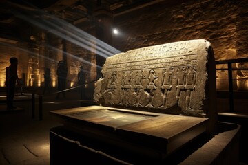 The ancient inscriptions on the Rosetta Stone in the Egyptian Museum, Cairo.