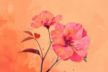 Pink flower botanical illustration on bright orange background.