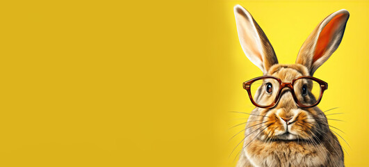 Fototapeta na wymiar cute rabbit with glasses on a yellow background. postcard illustration with funny fluffy bunny