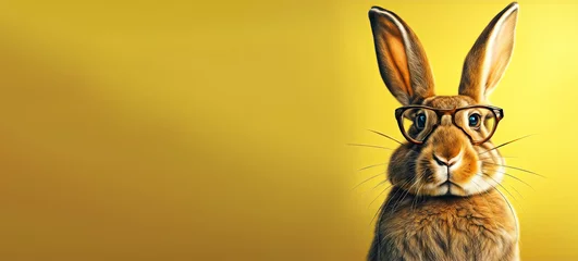 Tuinposter cute rabbit with glasses on a yellow background. postcard illustration with funny fluffy bunny © Marina