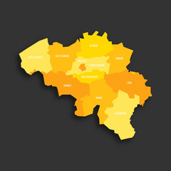 Belgium political map of administrative divisions - provinces. Yellow shade flat vector map with name labels and dropped shadow isolated on dark grey background.