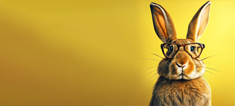 Naklejki cute rabbit with glasses on a yellow background. postcard illustration with funny fluffy bunny