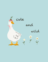 Cute goose. Adorable farm birds in different poses, funny characters and flowers. Childish print and poster, kids textile and nursery decor. Card with lettering, vector cartoon isolated illustration