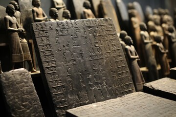 The weathered engravings on the tablets of the Code of Hammurabi in the Louvre, Paris. - obrazy, fototapety, plakaty