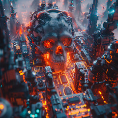 artificial intelligence, electronic circuit board with human skull processor, evil dark supercomputer