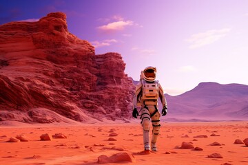 a person in a space suit walking in a desert