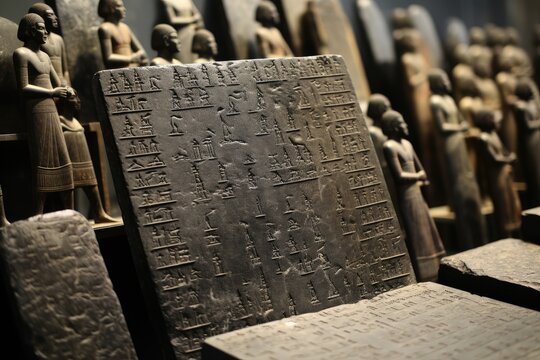 The weathered engravings on the tablets of the Code of Hammurabi in the Louvre, Paris.