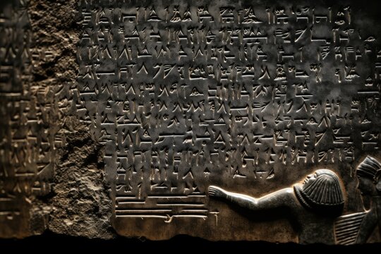 The weathered engravings on the tablets of the Code of Hammurabi in the Louvre, Paris.