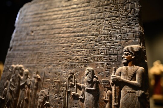 The weathered engravings on the tablets of the Code of Hammurabi in the Louvre, Paris.