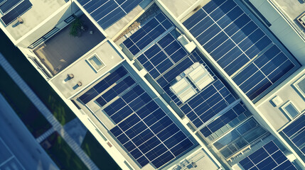 Obraz premium solar panels on the roof of an office building, eco friendly green energy photovoltaic powered building 