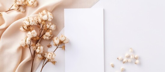 A chic white card featuring cotton flowers, pearls, and a delicate twig on a white background. The elegant floral design is perfect for any event - obrazy, fototapety, plakaty