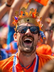 a Dutch man donning an orange t-shirt, black sunglasses, and a gold crown against the backdrop of the Netherlands flag, symbolizing the festive spirit of King's Day celebrations