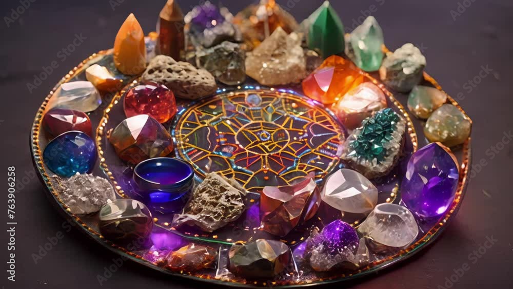 Poster a small crystal grid consisting of various shaped and colored crystals is arranged on a circular man