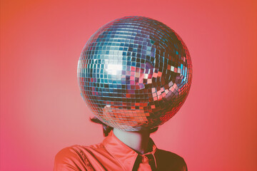 Vintage retro image of a person with a disco ball head. nightclub party portrait