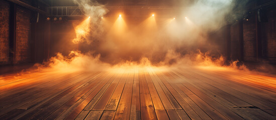 hardwood stage room with illuminated by amber lights concept background