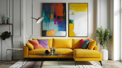 modern living room with bright yellow sofa, colorful pillows and abstract pictures on the wall