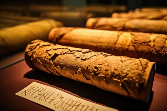 A close-up of the preserved Dead Sea Scrolls in the Israel Museum, Jerusalem.
