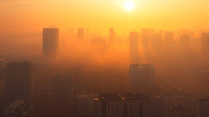 Fototapeta na wymiar City skyline enveloped in smog during sunrise, symbolizing pollution.