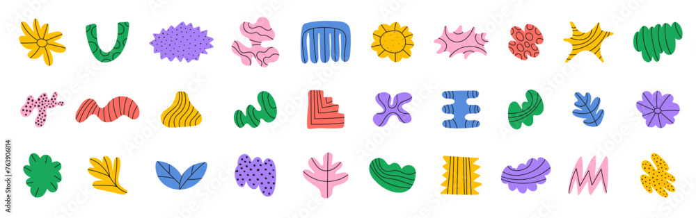 Poster abstract shapes set. doodle colorful brutalist forms with black pattern